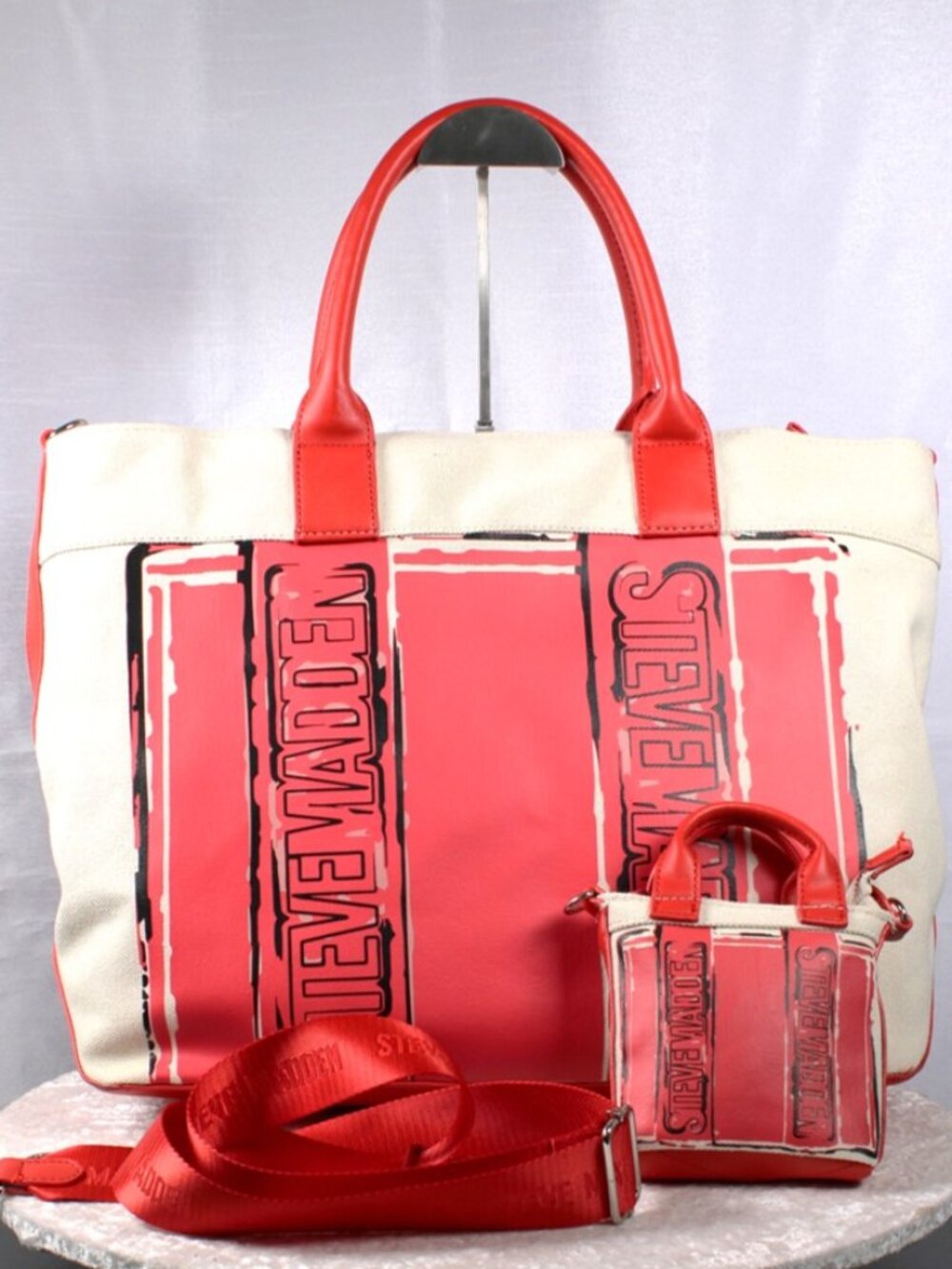 Steve Madden Canvas Weekender Tote Bag & Mini Crossbody Charm Set NWOT Red Ivory